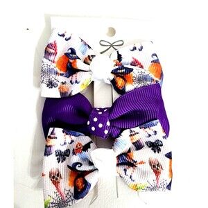 Halloween Hair Barrette Purple Orange Children's Bow Hairpin - 3 Piece, 2.75"